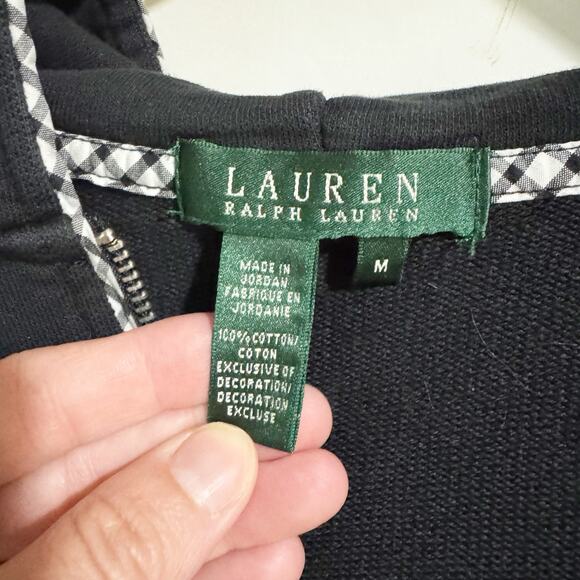 Lauren Ralph Lauren women’s size medium black zip up hoodie checkered trim - Picture 3 of 4